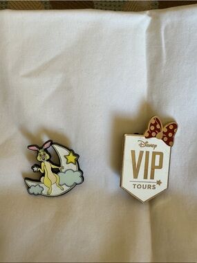Disney Gold VIP Tours Pin with Red Polka-Dot Bow & White Bunny Moon Pin